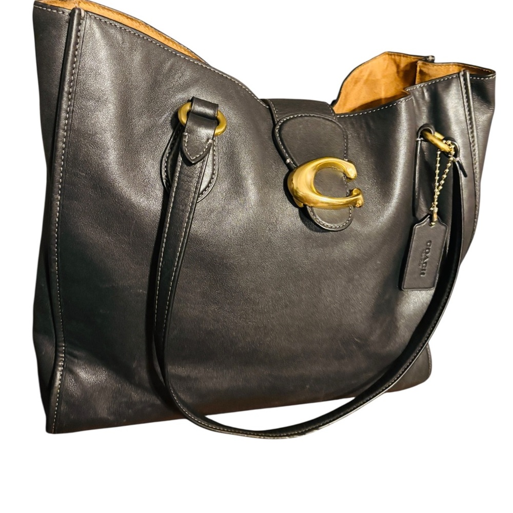 COACH Theo Tote Black Leather Shoulder Bag w/Golden Accents, Authentic. EUC - Picture 3 of 16